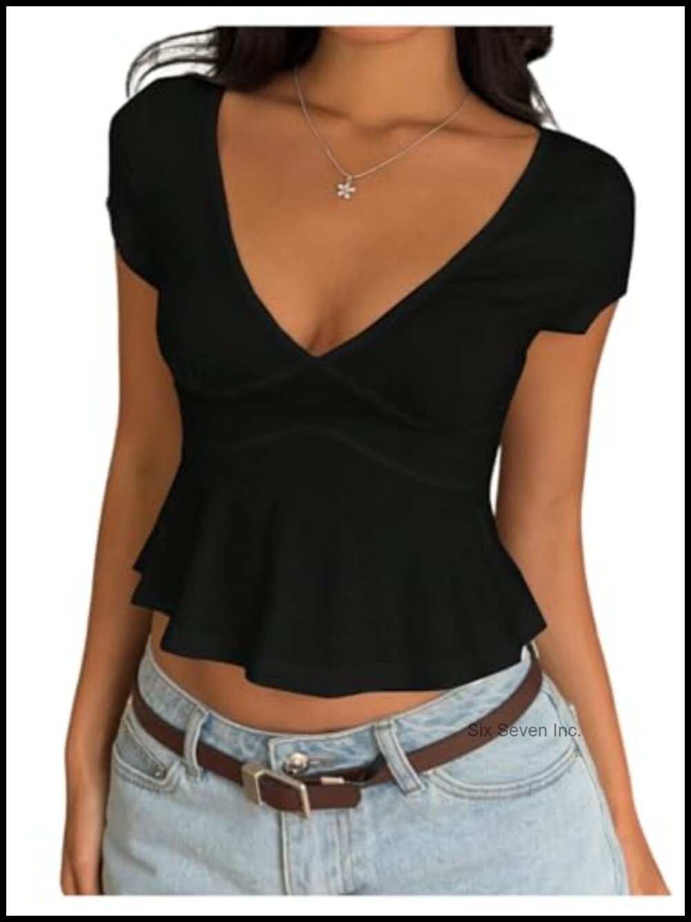 Women's Peplum Crop Top Deep V Neck Short Sleeve Y2k Going Out T Shirt